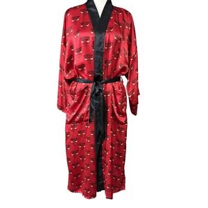 Chicago Bulls Mens Silk Robe L Red Black NBA Lounge Pajamas Belted Pockets